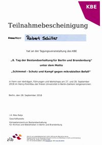 Teilnahmebescheinigung_KBE 8. Tag der Bestandserhaltung_Schiller, Robert